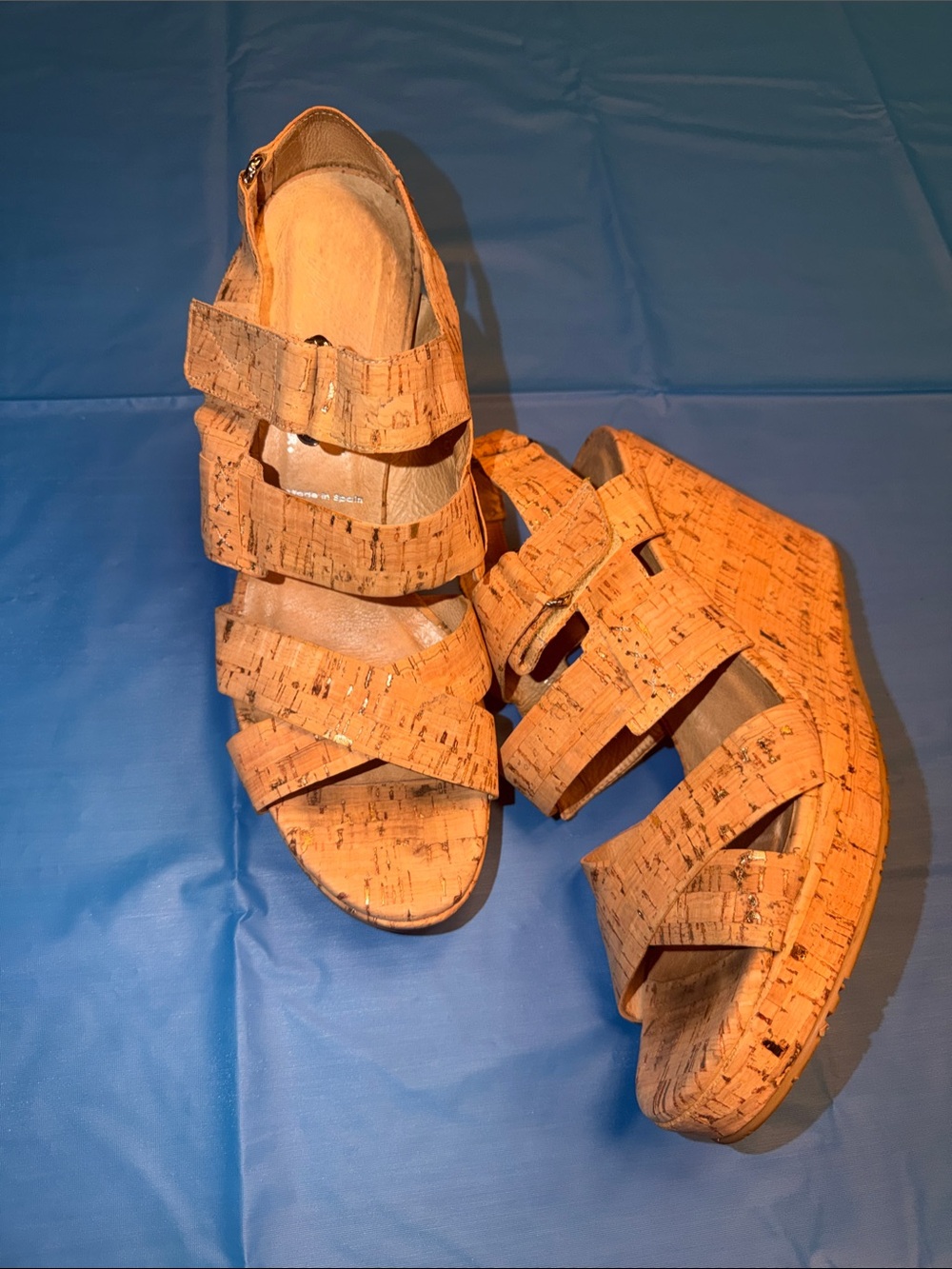 Women's Cork Platform Strappy Sandals - Tan, with Velcro strap, rubber soles